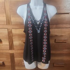 Y2k Hollister Black Bohemian Sleeveless  Tank Top with Colorful Embroidery Large